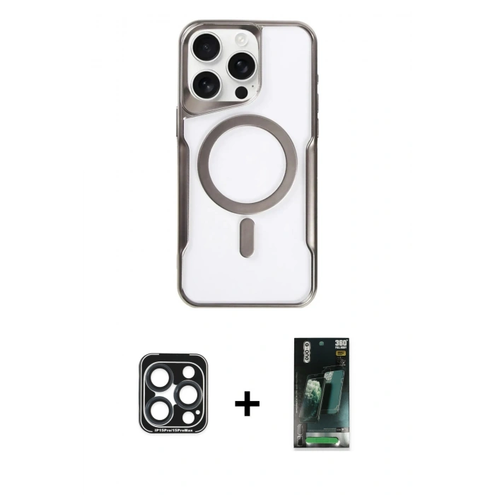 MARSİLYAN™- iPhone 15 Pro Max Kılıf Yadigar Klasik Özel Seri - Siyah 360 Mat Full Body Arka Koruyucu + Lacivert PVD Metal Kamera Lens