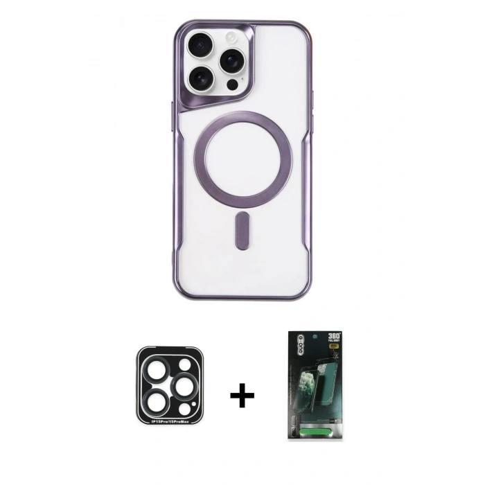 MARSİLYAN™- iPhone 15 Pro Max Kılıf Yadigar Klasik Özel Seri - Siyah 360 Mat Full Body Arka Koruyucu + Lacivert PVD Metal Kamera Lens