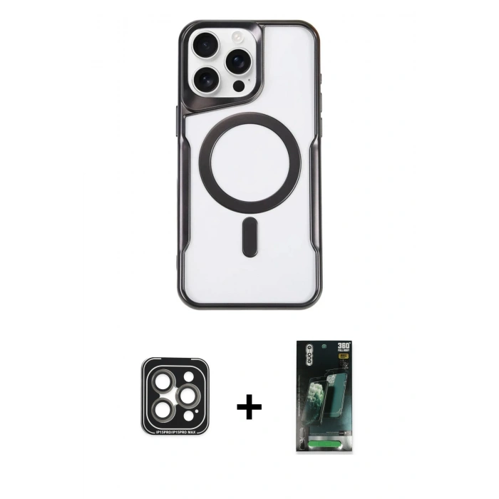 MARSİLYAN™- iPhone 15 Pro Max Kılıf Yadigar Klasik Özel Seri - Siyah 360 Mat Full Body Arka Koruyucu + PVD Metal Kamera Lens - GI