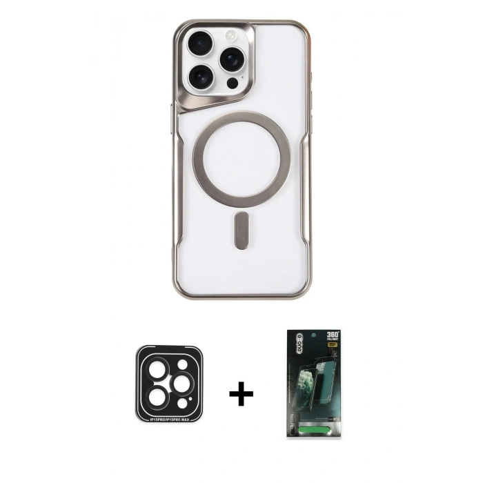 MARSİLYAN™- iPhone 15 Pro Max Kılıf Yadigar Klasik Özel Seri - Siyah 360 Mat Full Body Arka Koruyucu + PVD Metal Kamera Lens - SH