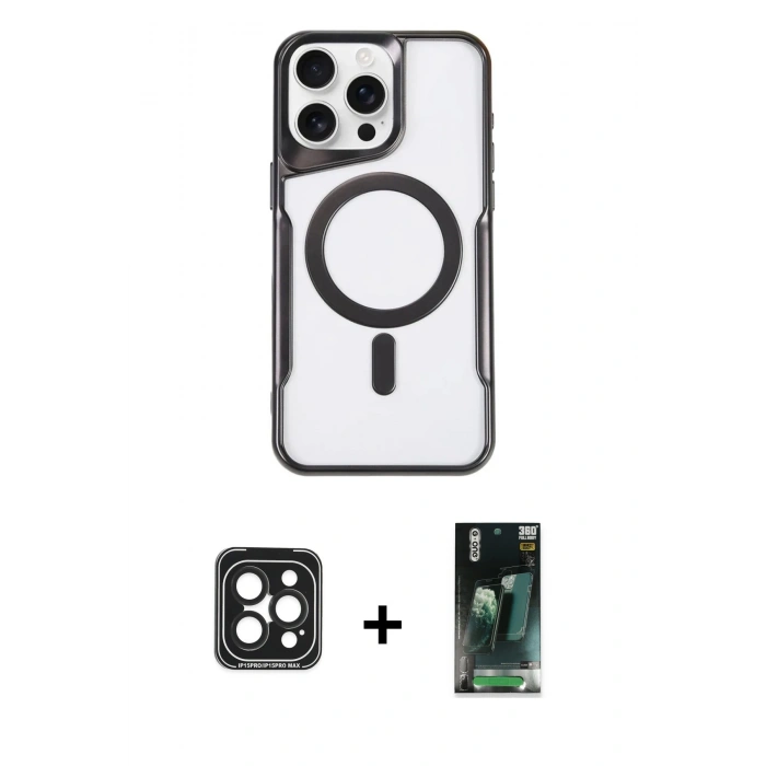 MARSİLYAN™- iPhone 15 Pro Max Kılıf Yadigar Klasik Özel Seri - Siyah 360 Mat Full Body Arka Koruyucu + PVD Metal Kamera Lens - SH