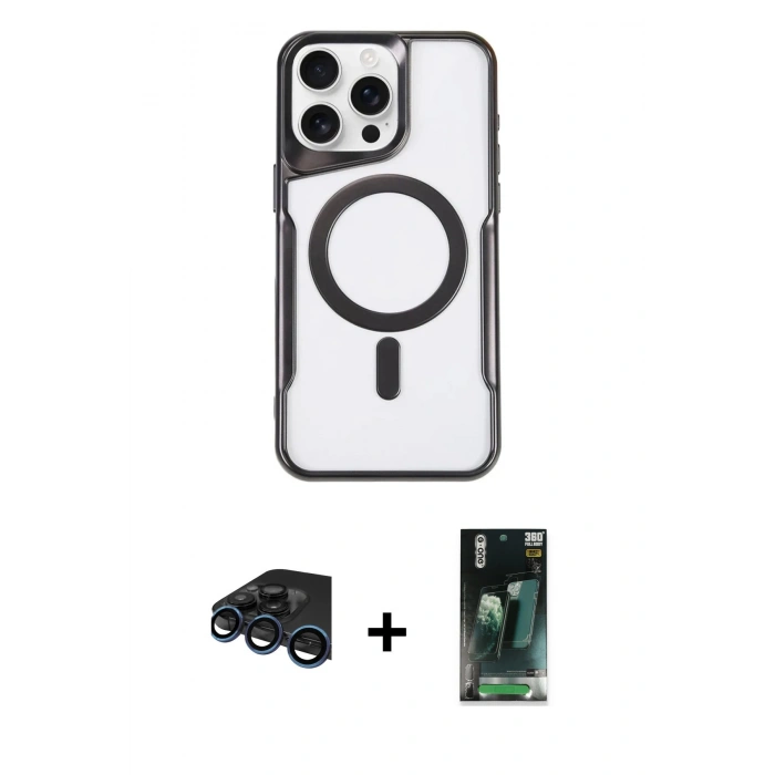 MARSİLYAN™- iPhone 15 Pro Max Kılıf Yadigar Klasik Özel Seri - Siyah 360 Mat Full Body Arka Koruyucu + Raze Metal Kamera Lens - LT