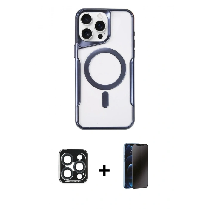 MARSİLYAN™- iPhone 15 Pro Max Kılıf Yadigar Klasik Özel Seri - Siyah 3D Antistatik Hayalet Cam Ekran Koruyucu + Lacivert PVD Metal Kamera Lens