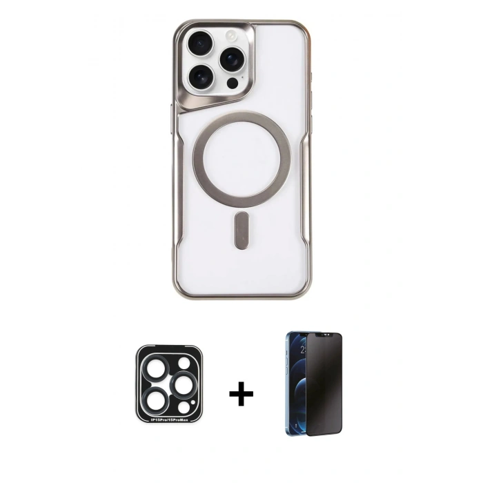 MARSİLYAN™- iPhone 15 Pro Max Kılıf Yadigar Klasik Özel Seri - Siyah 3D Antistatik Hayalet Cam Ekran Koruyucu + Lacivert PVD Metal Kamera Lens