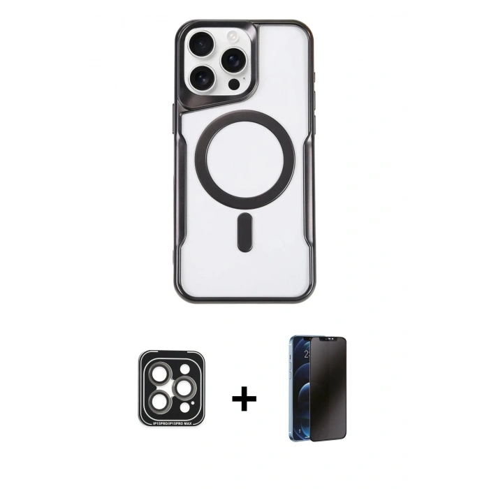 MARSİLYAN™- iPhone 15 Pro Max Kılıf Yadigar Klasik Özel Seri - Siyah 3D Antistatik Hayalet Cam Ekran Koruyucu + PVD Metal Kamera Lens - GI