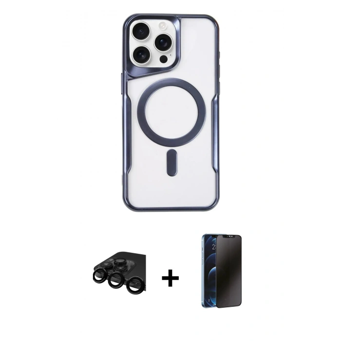 MARSİLYAN™- iPhone 15 Pro Max Kılıf Yadigar Klasik Özel Seri - Siyah 3D Antistatik Hayalet Cam Ekran Koruyucu + Raze Metal Kamera Lens - SH