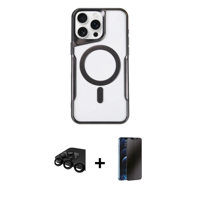 MARSİLYAN™- iPhone 15 Pro Max Kılıf Yadigar Klasik Özel Seri - Siyah 3D Antistatik Hayalet Cam Ekran Koruyucu + Raze Metal Kamera Lens - SH