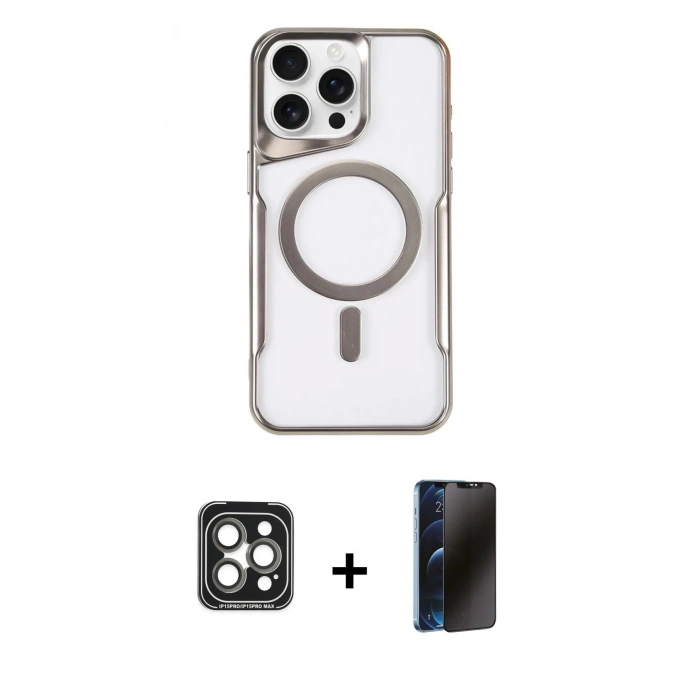 MARSİLYAN™- iPhone 15 Pro Max Kılıf Yadigar Klasik Özel Seri - Siyah 3D Antistatik Hayalet Cam Ekran Koruyucu + PVD Metal Kamera Lens - GI