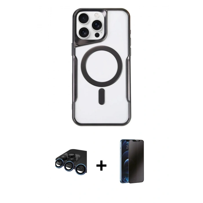 MARSİLYAN™- iPhone 15 Pro Max Kılıf Yadigar Klasik Özel Seri - Siyah 3D Antistatik Hayalet Cam Ekran Koruyucu + Raze Metal Kamera Lens - LT