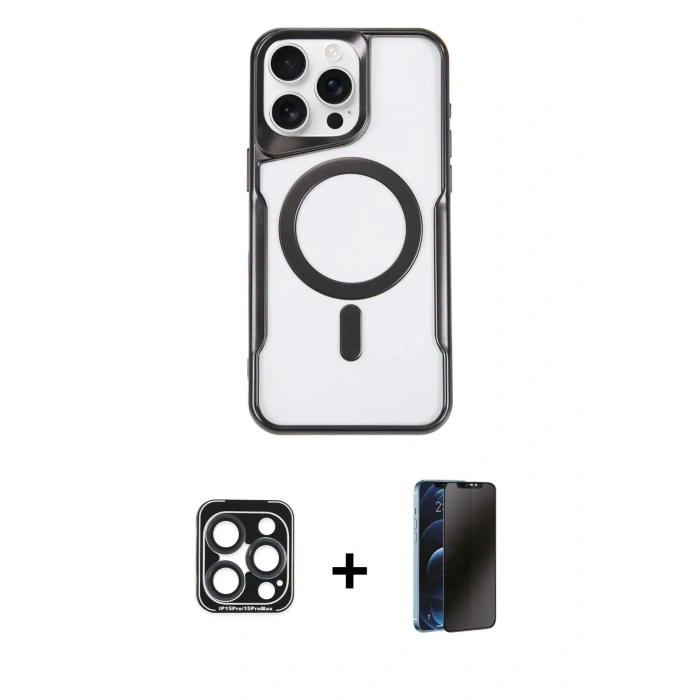 MARSİLYAN™- iPhone 15 Pro Max Kılıf Yadigar Klasik Özel Seri - Siyah 3D Antistatik Hayalet Cam Ekran Koruyucu + Lacivert PVD Metal Kamera Lens