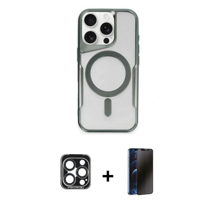 MARSİLYAN™- iPhone 15 Pro Max Kılıf Yadigar Klasik Özel Seri - Siyah 3D Antistatik Hayalet Cam Ekran Koruyucu + Lacivert PVD Metal Kamera Lens