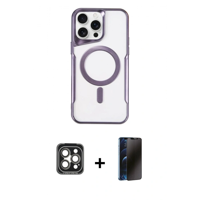 MARSİLYAN™- iPhone 15 Pro Max Kılıf Yadigar Klasik Özel Seri - Siyah 3D Antistatik Hayalet Cam Ekran Koruyucu + PVD Metal Kamera Lens - GI