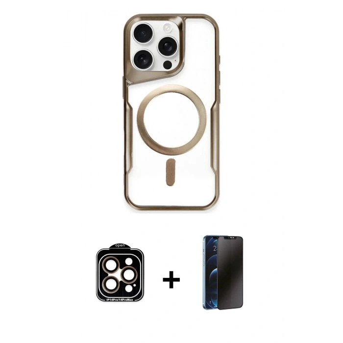 MARSİLYAN™- iPhone 15 Pro Max Kılıf Yadigar Klasik Özel Seri - Siyah 3D Antistatik Hayalet Cam Ekran Koruyucu + PVD Metal Kamera Lens - TU