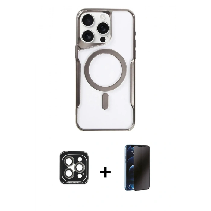 MARSİLYAN™- iPhone 15 Pro Max Kılıf Yadigar Klasik Özel Seri - Siyah 3D Antistatik Hayalet Cam Ekran Koruyucu + PVD Metal Kamera Lens - GI