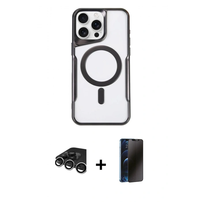 MARSİLYAN™- iPhone 15 Pro Max Kılıf Yadigar Klasik Özel Seri - Siyah 3D Antistatik Hayalet Cam Ekran Koruyucu + Raze Metal Kamera Lens - GS