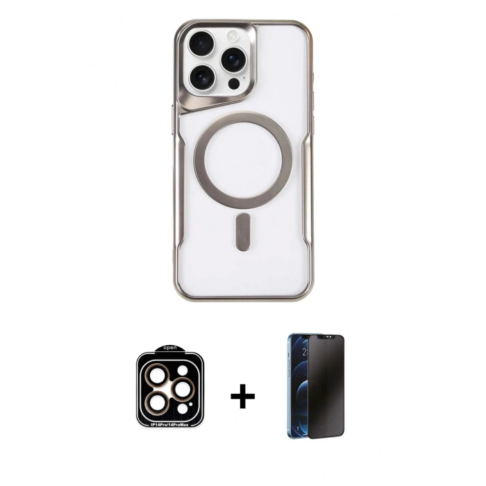 MARSİLYAN™- iPhone 15 Pro Max Kılıf Yadigar Klasik Özel Seri - Siyah 3D Antistatik Hayalet Cam Ekran Koruyucu + PVD Metal Kamera Lens - TU