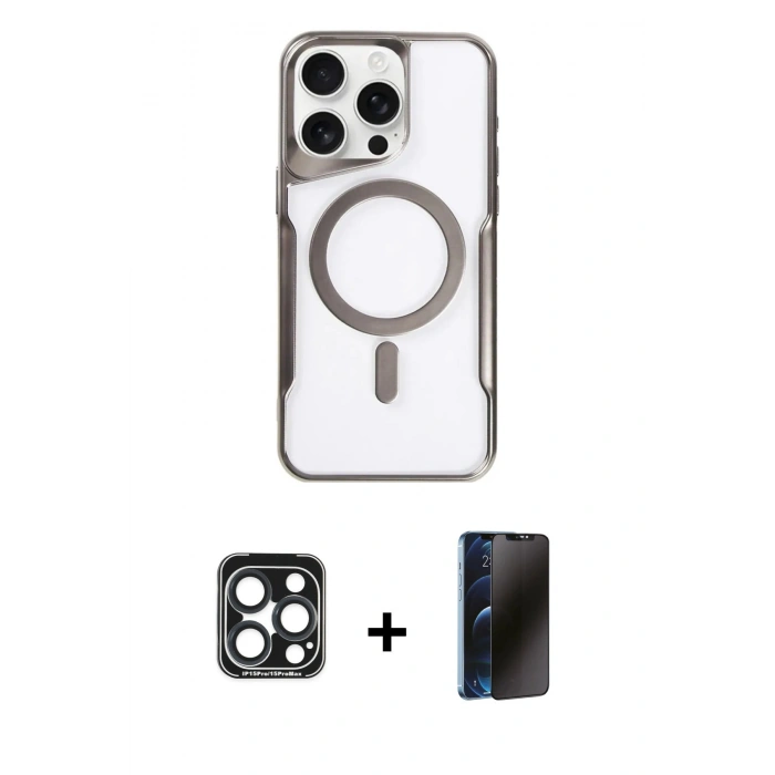 MARSİLYAN™- iPhone 15 Pro Max Kılıf Yadigar Klasik Özel Seri - Siyah 3D Antistatik Hayalet Cam Ekran Koruyucu + Lacivert PVD Metal Kamera Lens