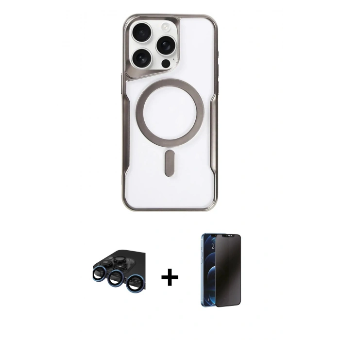 MARSİLYAN™- iPhone 15 Pro Max Kılıf Yadigar Klasik Özel Seri - Siyah 3D Antistatik Hayalet Cam Ekran Koruyucu + Raze Metal Kamera Lens - LT