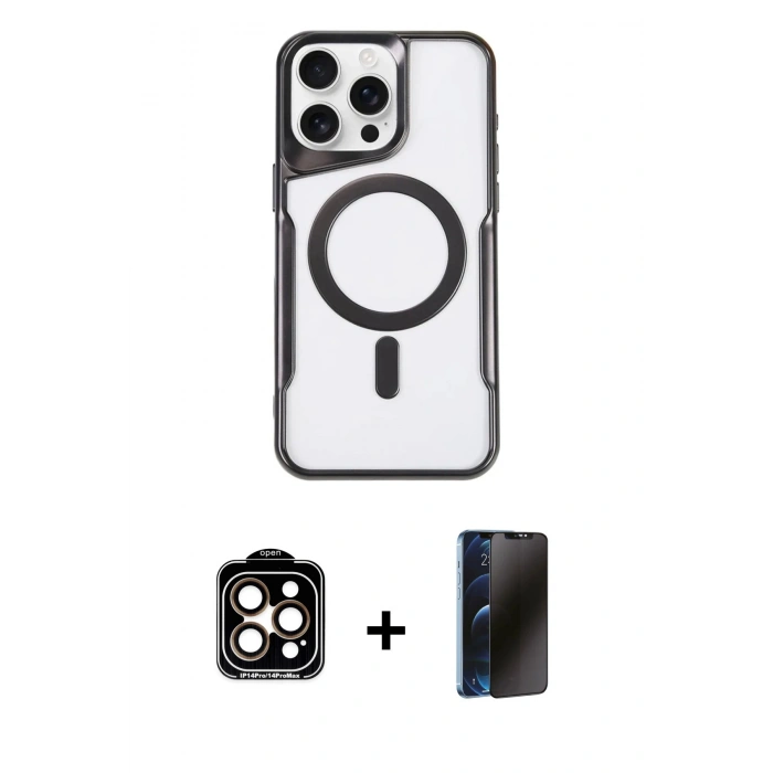 MARSİLYAN™- iPhone 15 Pro Max Kılıf Yadigar Klasik Özel Seri - Siyah 3D Antistatik Hayalet Cam Ekran Koruyucu + PVD Metal Kamera Lens - TU