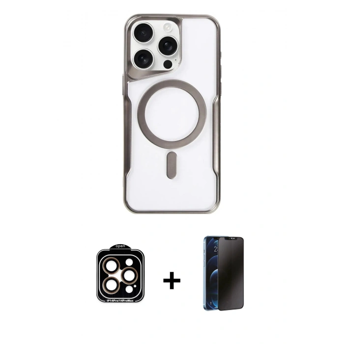 MARSİLYAN™- iPhone 15 Pro Max Kılıf Yadigar Klasik Özel Seri - Siyah 3D Antistatik Hayalet Cam Ekran Koruyucu + PVD Metal Kamera Lens - TU