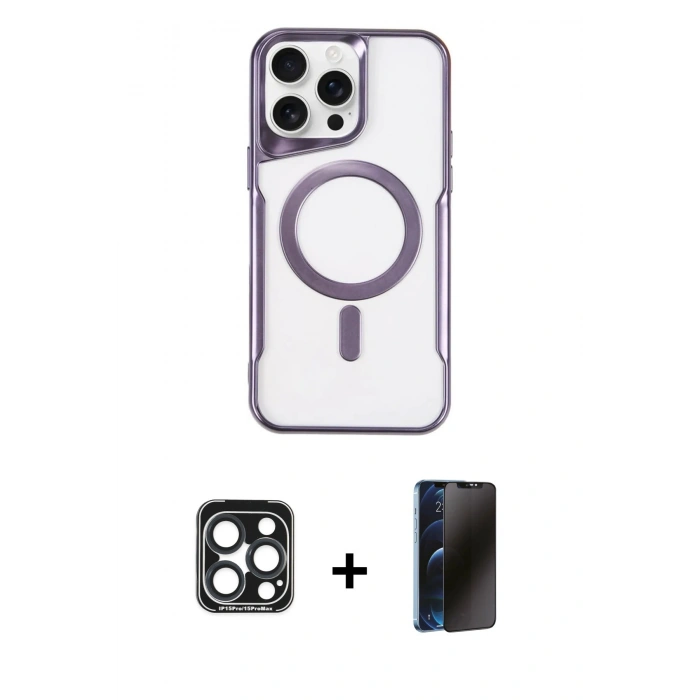 MARSİLYAN™- iPhone 15 Pro Max Kılıf Yadigar Klasik Özel Seri - Siyah 3D Antistatik Hayalet Cam Ekran Koruyucu + Lacivert PVD Metal Kamera Lens
