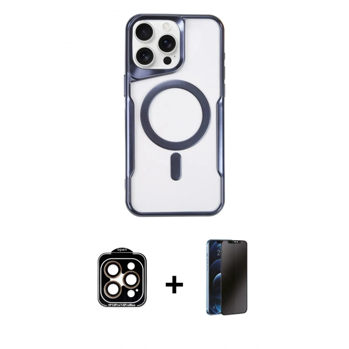 MARSİLYAN™- iPhone 15 Pro Max Kılıf Yadigar Klasik Özel Seri - Siyah 3D Antistatik Hayalet Cam Ekran Koruyucu + PVD Metal Kamera Lens - TU