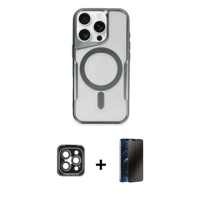 MARSİLYAN™- iPhone 15 Pro Max Kılıf Yadigar Klasik Özel Seri - Siyah 3D Antistatik Hayalet Cam Ekran Koruyucu + PVD Metal Kamera Lens - GI