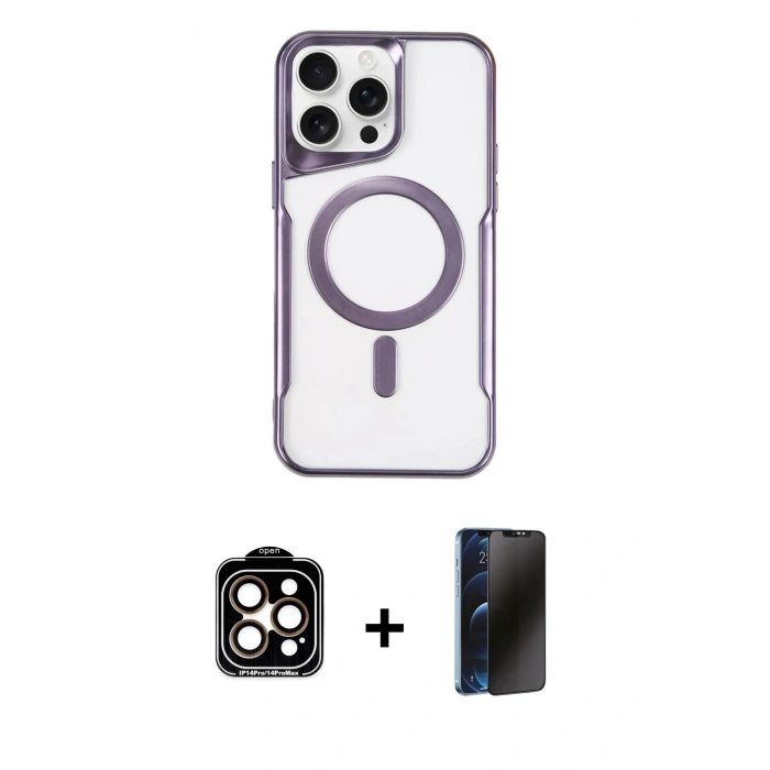 MARSİLYAN™- iPhone 15 Pro Max Kılıf Yadigar Klasik Özel Seri - Siyah 3D Antistatik Hayalet Cam Ekran Koruyucu + PVD Metal Kamera Lens - TU