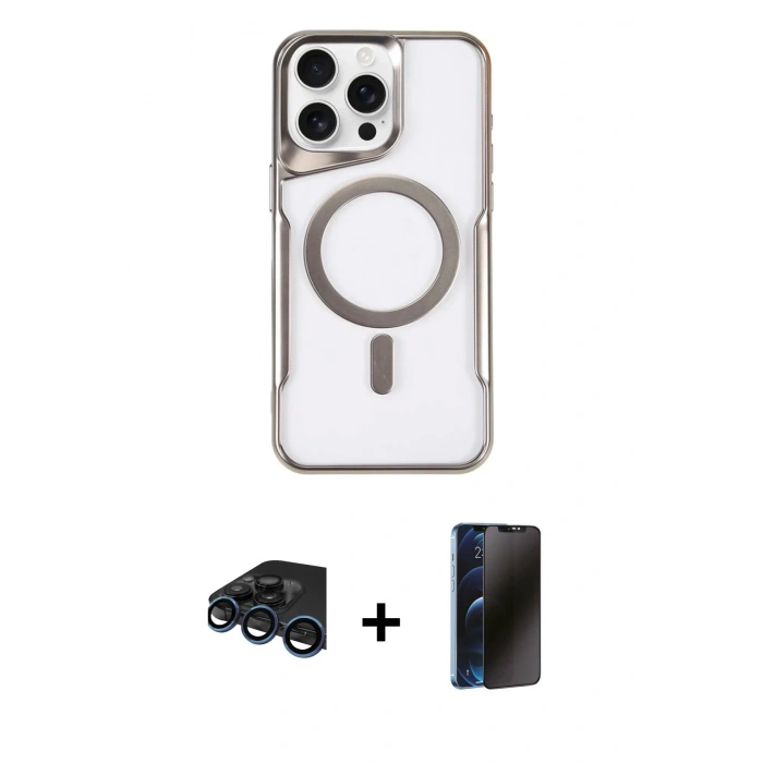 MARSİLYAN™- iPhone 15 Pro Max Kılıf Yadigar Klasik Özel Seri - Siyah 3D Antistatik Hayalet Cam Ekran Koruyucu + Raze Metal Kamera Lens - LT