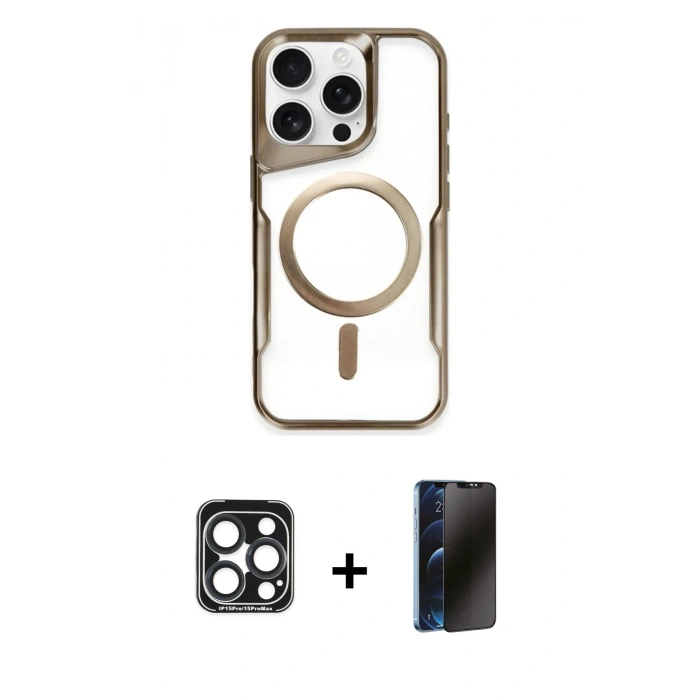 MARSİLYAN™- iPhone 15 Pro Max Kılıf Yadigar Klasik Özel Seri - Siyah 3D Antistatik Hayalet Cam Ekran Koruyucu + Lacivert PVD Metal Kamera Lens
