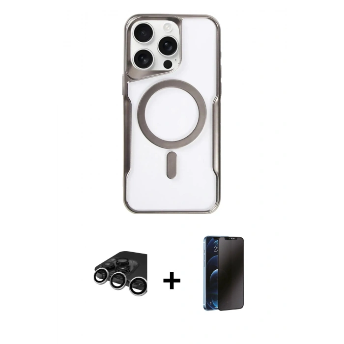 MARSİLYAN™- iPhone 15 Pro Max Kılıf Yadigar Klasik Özel Seri - Siyah 3D Antistatik Hayalet Cam Ekran Koruyucu + Raze Metal Kamera Lens - GS