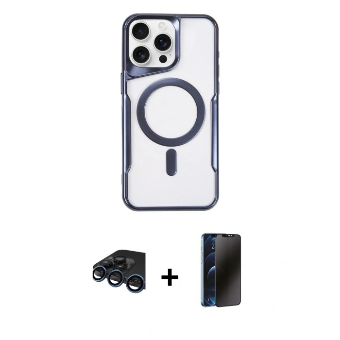 MARSİLYAN™- iPhone 15 Pro Max Kılıf Yadigar Klasik Özel Seri - Siyah 3D Antistatik Hayalet Cam Ekran Koruyucu + Raze Metal Kamera Lens - LT