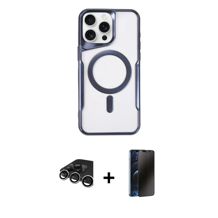 MARSİLYAN™- iPhone 15 Pro Max Kılıf Yadigar Klasik Özel Seri - Siyah 3D Antistatik Hayalet Cam Ekran Koruyucu + Raze Metal Kamera Lens - GS
