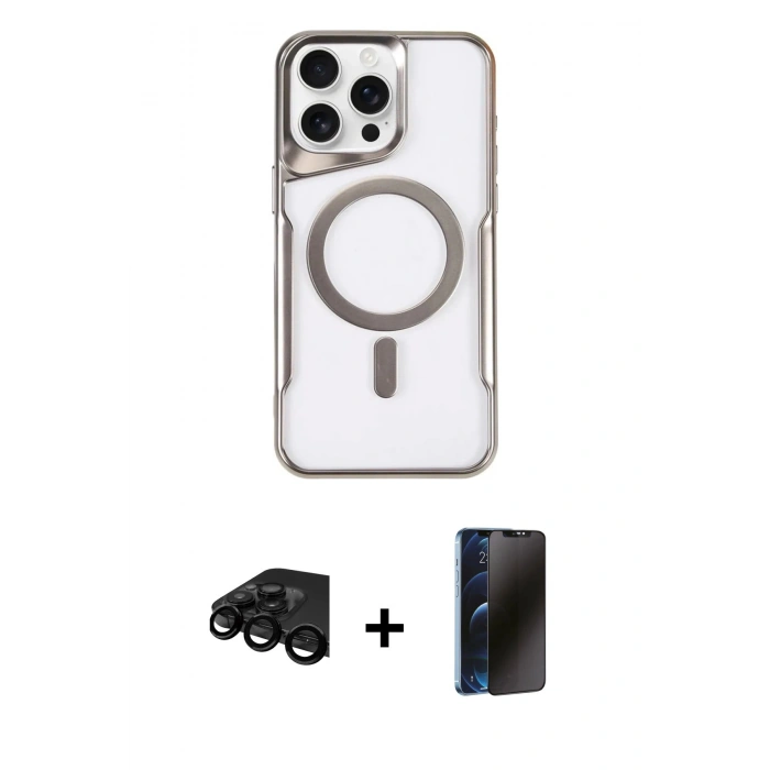 MARSİLYAN™- iPhone 15 Pro Max Kılıf Yadigar Klasik Özel Seri - Siyah 3D Antistatik Hayalet Cam Ekran Koruyucu + Raze Metal Kamera Lens - SH