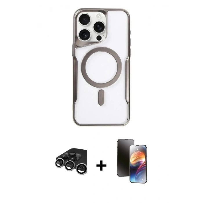 MARSİLYAN™- iPhone 15 Pro Max Kılıf Yadigar Klasik Özel Seri - Siyah 3D Antistatik Mat Seramik Nano Ekran Koruyucu + Gümüş Raze Metal Kamera Lens