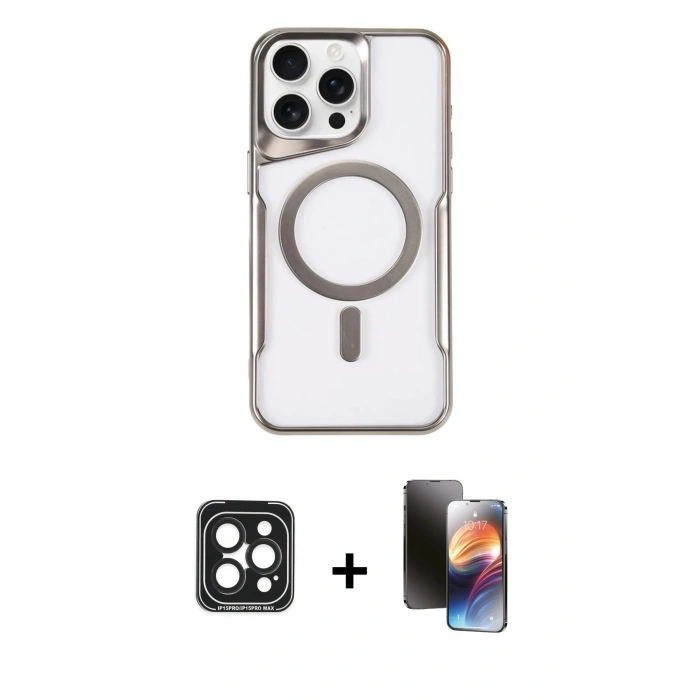 MARSİLYAN™- iPhone 15 Pro Max Kılıf Yadigar Klasik Özel Seri - Siyah 3D Antistatik Mat Seramik Nano Ekran Koruyucu + PVD Metal Kamera Lens - SH