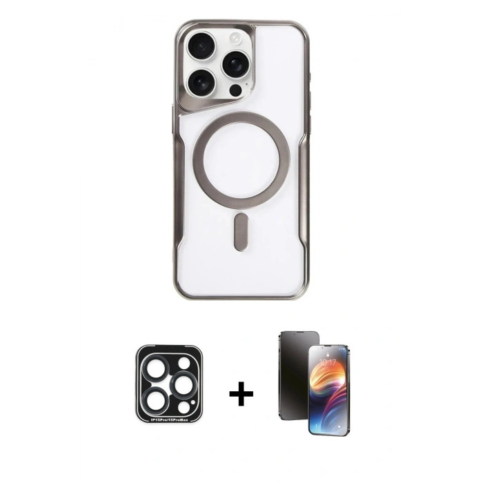 MARSİLYAN™- iPhone 15 Pro Max Kılıf Yadigar Klasik Özel Seri - Siyah 3D Antistatik Mat Seramik Nano Ekran Koruyucu + Lacivert PVD Metal Kamera Lens