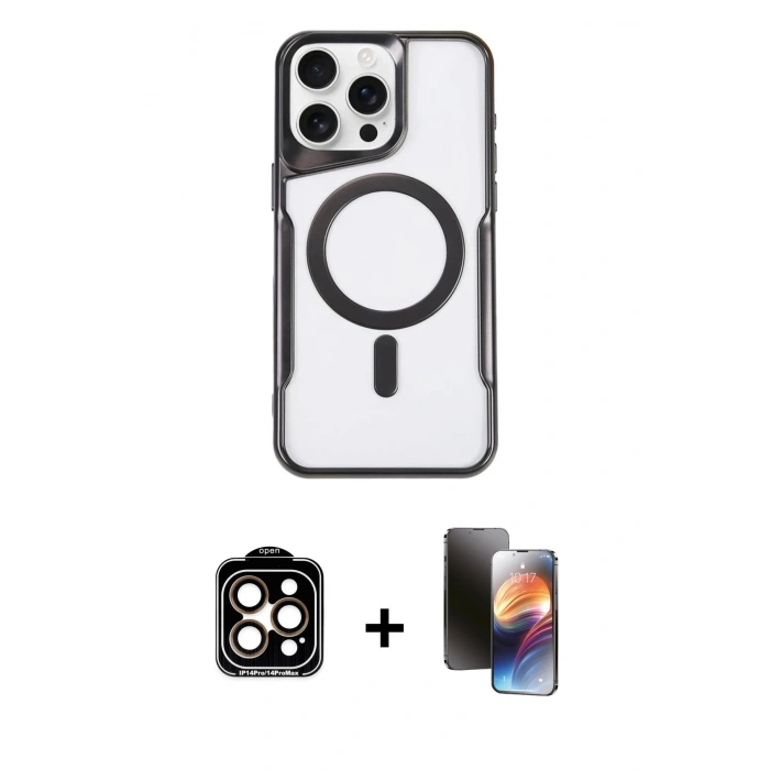 MARSİLYAN™- iPhone 15 Pro Max Kılıf Yadigar Klasik Özel Seri - Siyah 3D Antistatik Mat Seramik Nano Ekran Koruyucu + PVD Metal Kamera Lens - TU