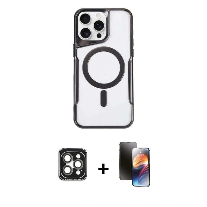 MARSİLYAN™- iPhone 15 Pro Max Kılıf Yadigar Klasik Özel Seri - Siyah 3D Antistatik Mat Seramik Nano Ekran Koruyucu + PVD Metal Kamera Lens - GI