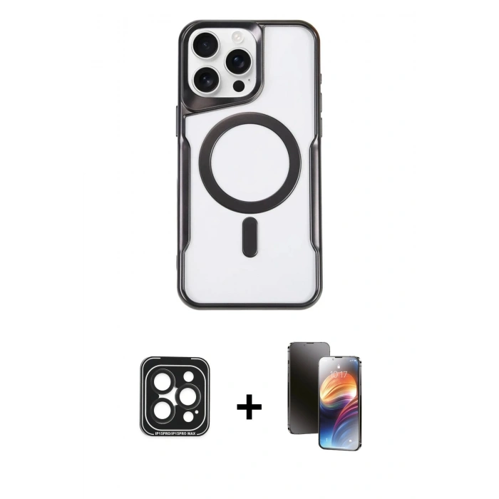 MARSİLYAN™- iPhone 15 Pro Max Kılıf Yadigar Klasik Özel Seri - Siyah 3D Antistatik Mat Seramik Nano Ekran Koruyucu + PVD Metal Kamera Lens - SH