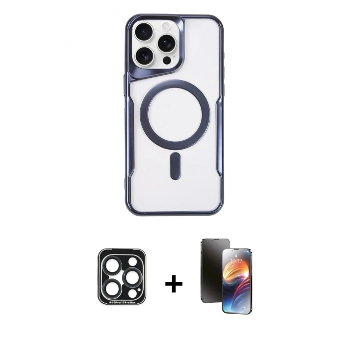 MARSİLYAN™- iPhone 15 Pro Max Kılıf Yadigar Klasik Özel Seri - Siyah 3D Antistatik Mat Seramik Nano Ekran Koruyucu + Lacivert PVD Metal Kamera Lens