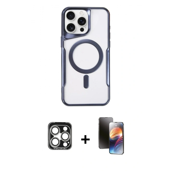 MARSİLYAN™- iPhone 15 Pro Max Kılıf Yadigar Klasik Özel Seri - Siyah 3D Antistatik Mat Seramik Nano Ekran Koruyucu + PVD Metal Kamera Lens - GS