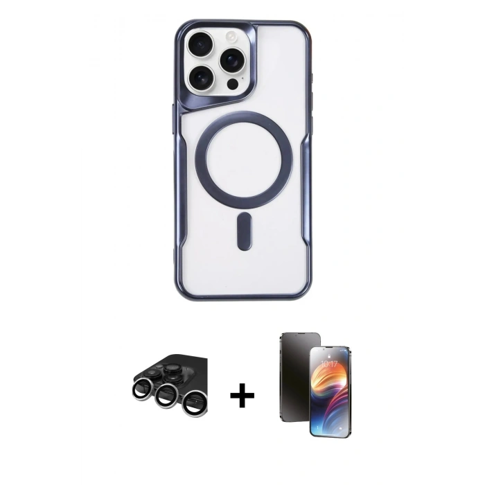 MARSİLYAN™- iPhone 15 Pro Max Kılıf Yadigar Klasik Özel Seri - Siyah 3D Antistatik Mat Seramik Nano Ekran Koruyucu + Gümüş Raze Metal Kamera Lens