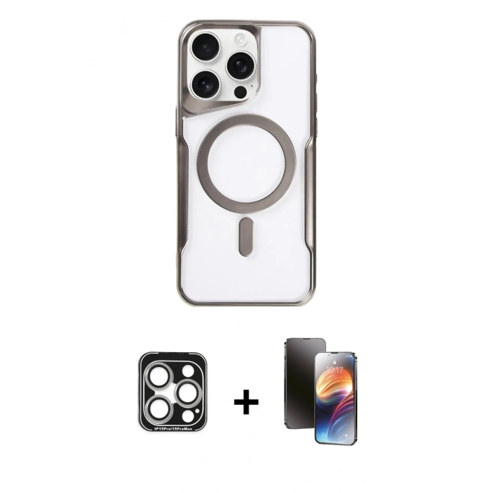 MARSİLYAN™- iPhone 15 Pro Max Kılıf Yadigar Klasik Özel Seri - Siyah 3D Antistatik Mat Seramik Nano Ekran Koruyucu + PVD Metal Kamera Lens - GS