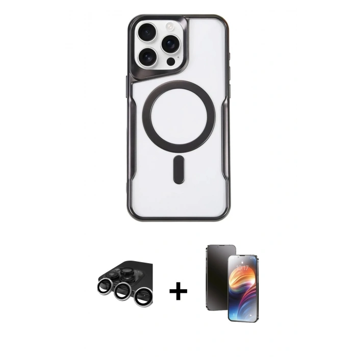 MARSİLYAN™- iPhone 15 Pro Max Kılıf Yadigar Klasik Özel Seri - Siyah 3D Antistatik Mat Seramik Nano Ekran Koruyucu + Gümüş Raze Metal Kamera Lens