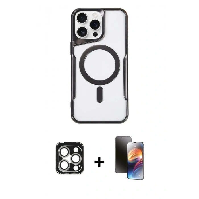 MARSİLYAN™- iPhone 15 Pro Max Kılıf Yadigar Klasik Özel Seri - Siyah 3D Antistatik Mat Seramik Nano Ekran Koruyucu + PVD Metal Kamera Lens - GS