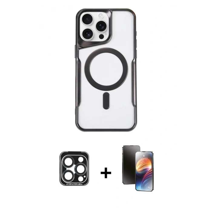 MARSİLYAN™- iPhone 15 Pro Max Kılıf Yadigar Klasik Özel Seri - Siyah 3D Antistatik Mat Seramik Nano Ekran Koruyucu + PVD Metal Kamera Lens - LT