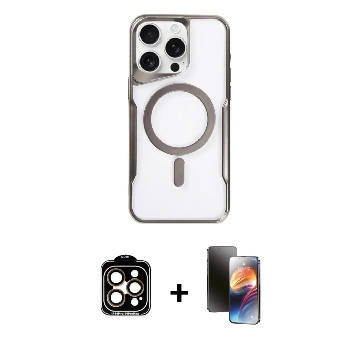 MARSİLYAN™- iPhone 15 Pro Max Kılıf Yadigar Klasik Özel Seri - Siyah 3D Antistatik Mat Seramik Nano Ekran Koruyucu + PVD Metal Kamera Lens - TU