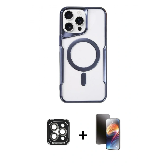 MARSİLYAN™- iPhone 15 Pro Max Kılıf Yadigar Klasik Özel Seri - Siyah 3D Antistatik Mat Seramik Nano Ekran Koruyucu + PVD Metal Kamera Lens - GI