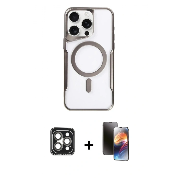 MARSİLYAN™- iPhone 15 Pro Max Kılıf Yadigar Klasik Özel Seri - Siyah 3D Antistatik Mat Seramik Nano Ekran Koruyucu + PVD Metal Kamera Lens - GI
